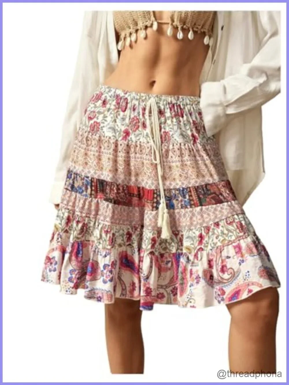 Bohemian Paisley Print Tie Front A-Line Midi Skirt Flowy Summer Vacation